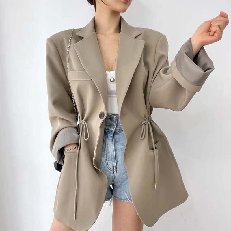 Women's Clothing chic autumn and winter French retro style suit collar drawstring waist slimming pocket versatile mid length coat for women