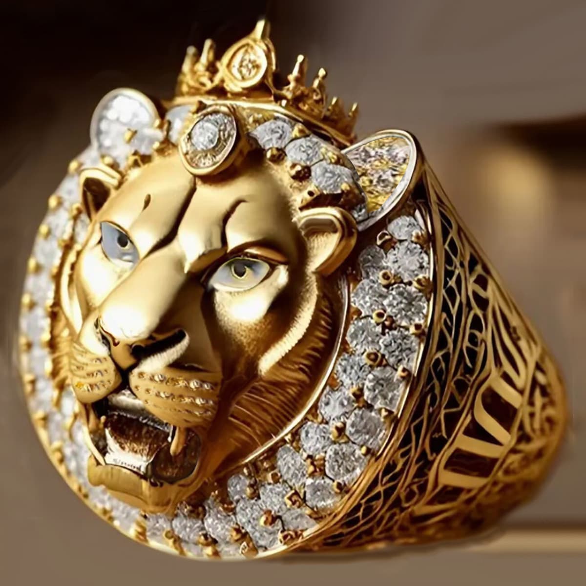 Hip Hop Punk Rock Personality Street Fashion Crown Golden Lion Full Diamond Zircon Ring Fashion Men And Women Holiday Party Accessories Gifts