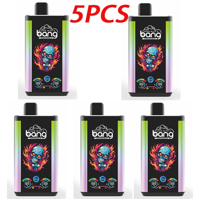 Lot de 5 vapes jetables Bang Pro 30 KPuffs, 36 ml, pré-remplies, écran de type C, coulissantes à gauche et à droite, saveur de fruits.