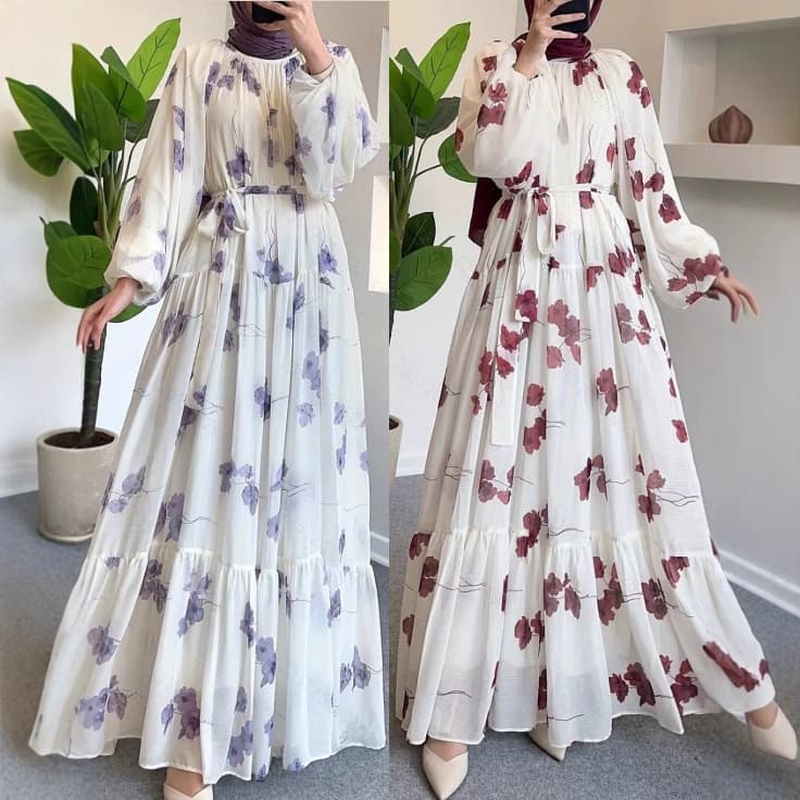Ladies Fashion Elegant Holiday Round Neck Chiffon Flower With Belt Long Dress