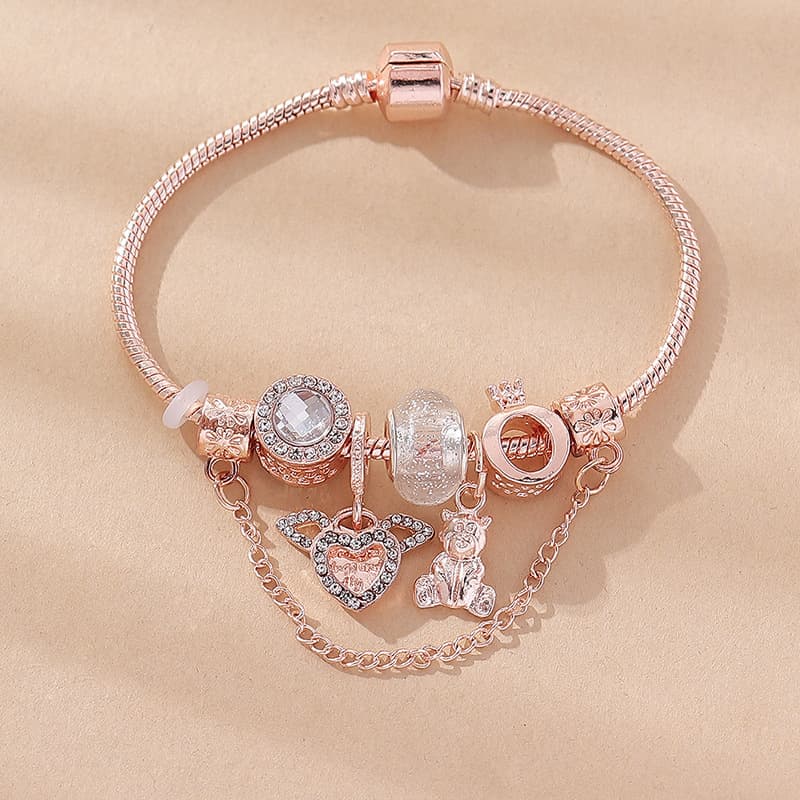 Pan's Hand Dora DIY Beaded Bear Angel Wings Pendant Crown Crystal Bead Copper Bracelet