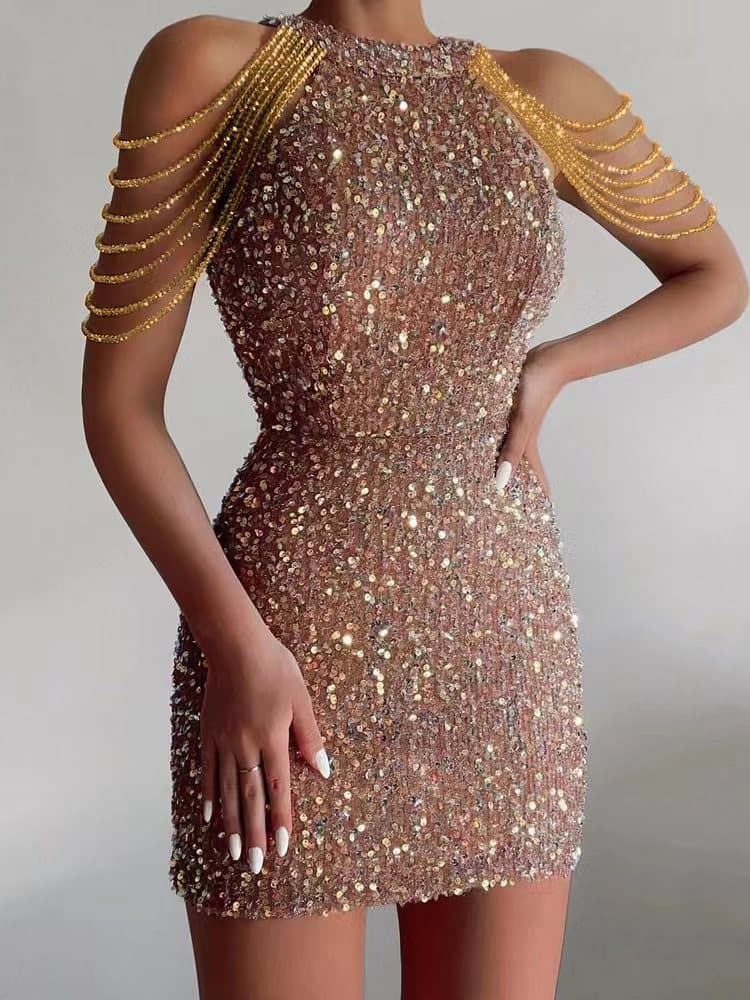 Halterneck sexy crystal tassel hip-covering sequin dress mid-waist evening dress