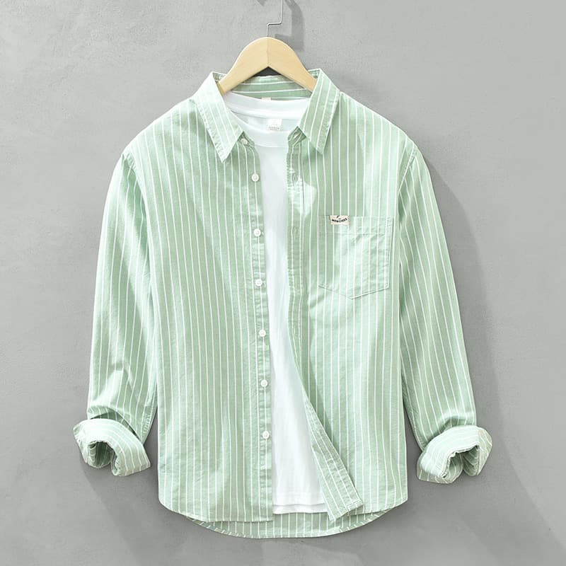 Trendy Striped Oxford Spun Long Sleeved Shirt Men's Pure Cotton Casual Loose Square Neck Shirt