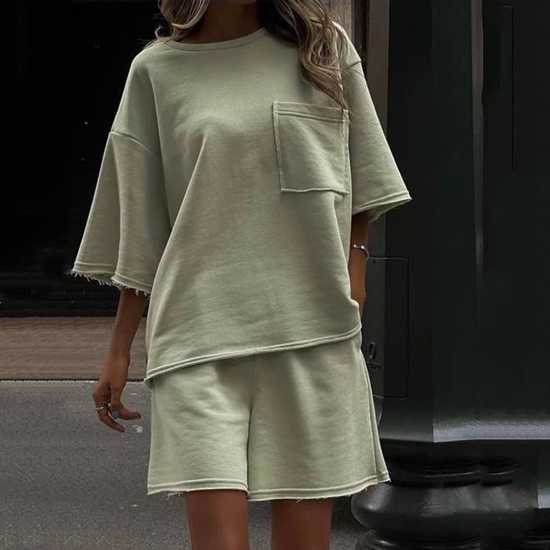 Women's Clothing Casual Suit Solid Color Round Neck Short Sleeve Elastic Sports Shorts Two Piece Suit