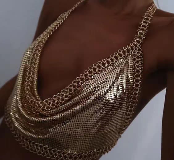 MW3206 European and American vest rhinestone inlaid sequins flat sheet metal chain splicing V-neck halter top vest