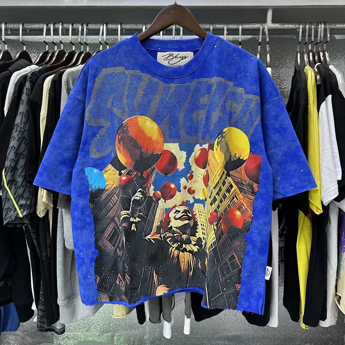 T-shirts pour hommes BKYS, imprimé losanges rétro graffiti squelette diable, coton noir délavé, manches courtes, coupe ample.
