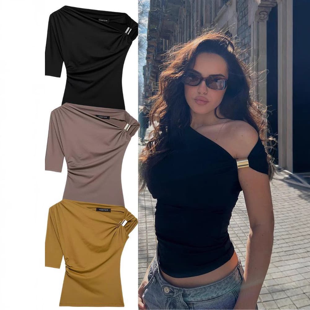 Women's Clothing Metal Inlaid Asymmetric Pullover Top Summer Pleated Single Sleeve Elastic Slim Fit Casual T Shirt