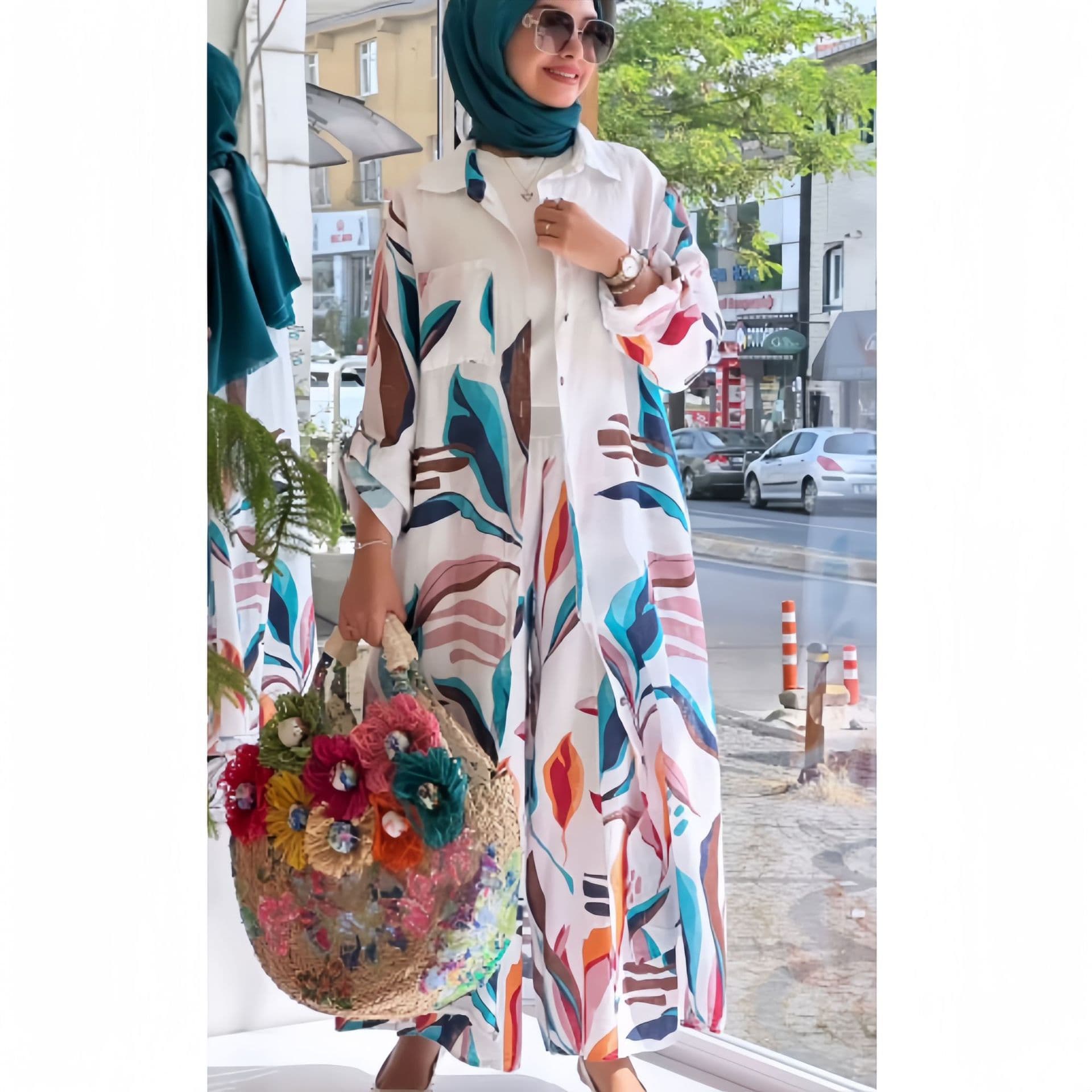 Women's Clothing Loose New Fashion Printed Long Cardigan Casual Wide Leg Pants Two Piece Set