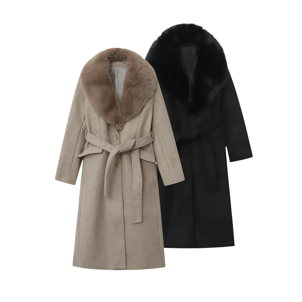 Elegant Belted Wool Coat For Women - Winter Long Trench Coat With Faux Fur Collar, Slim Fit, Double-Breasted, Street Style (Khaki/Black, XS/S/M/L)
