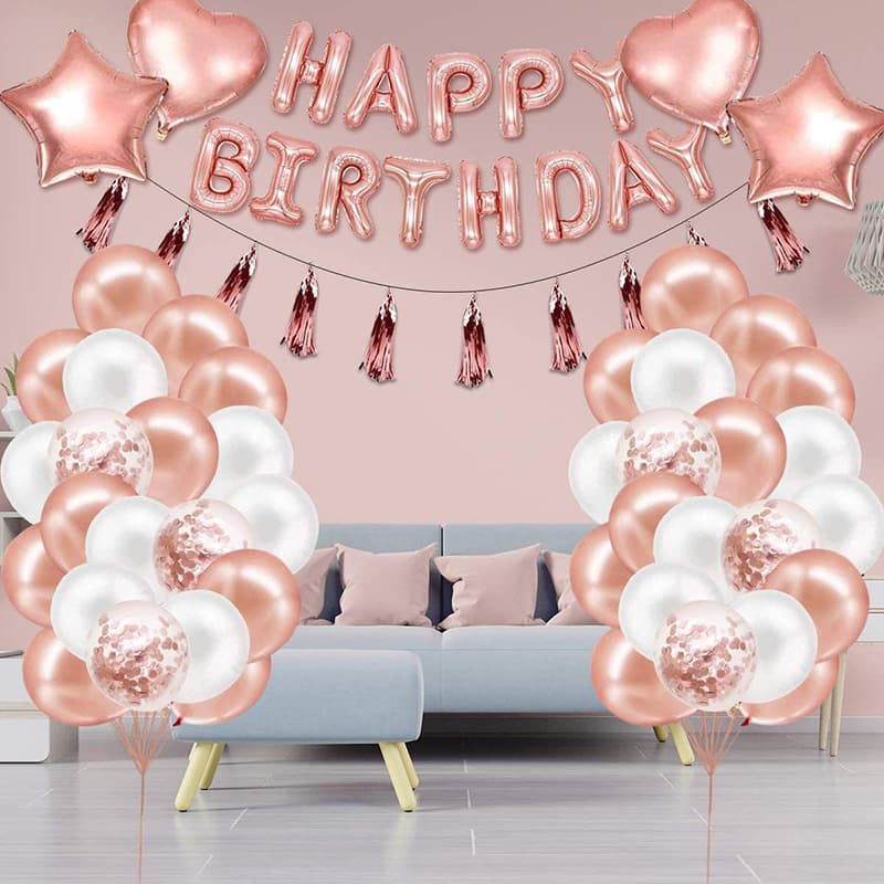 Creative Rose Gold Birthday Party Set With Sequined Tassel Party Backdrop Decorations And Balloons