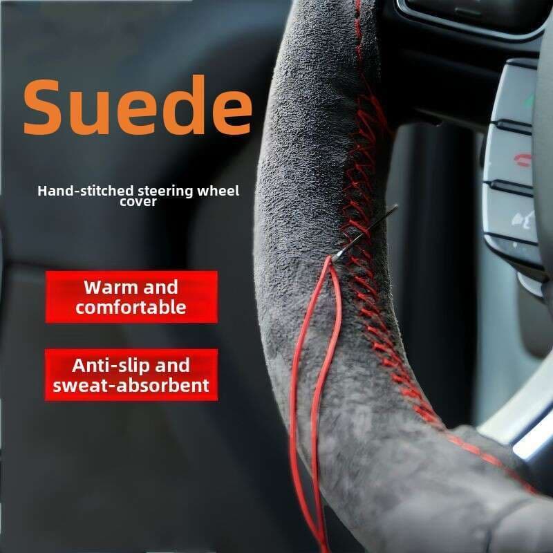 Car Steering Wheel Hand Sewn Suede, All Season Universal Plush Cover, Anti Slip And Sweat Absorbing Handle Cover