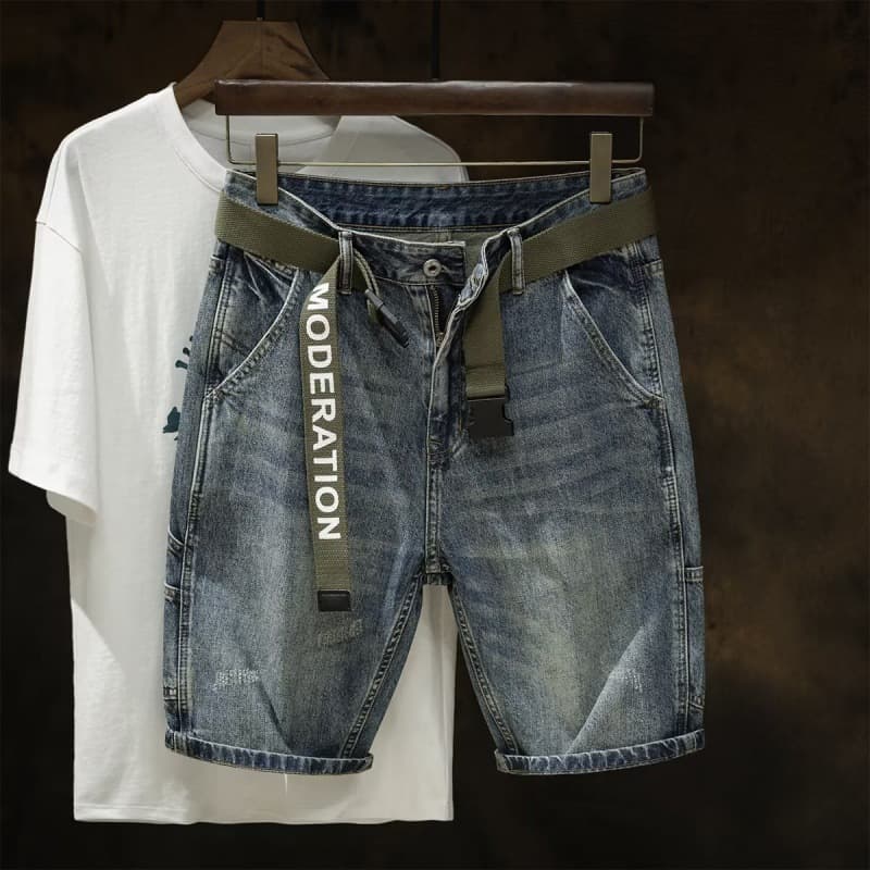 Men's Mid-Rise Stretch Denim Shorts Distressed Washed Zip-Fly Cargo Style for Summer
