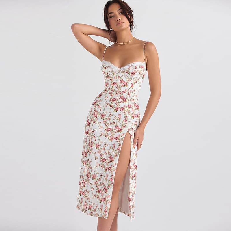 Women's Clothing Spring Fashion New Small Floral Slit Suspender Dress