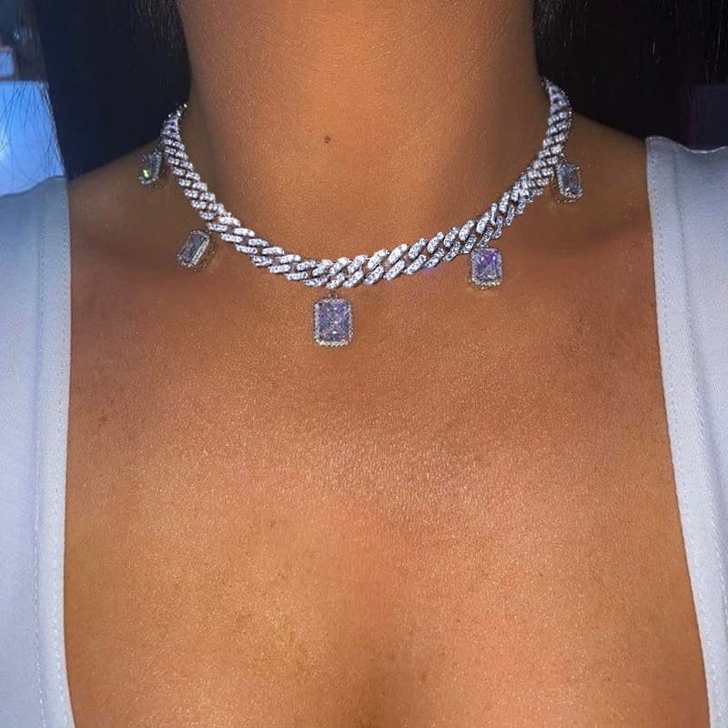 Micro-inlaid Square Zircon Pendant Necklace Trendy Hip-hop New Cuban Chain Necklace