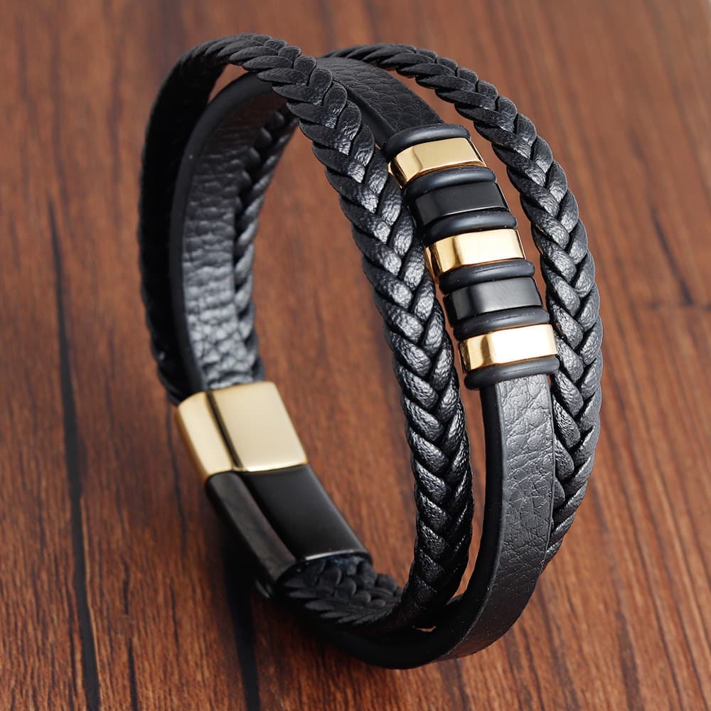Men's Jewelry Leather Rope Bracelet Stainless Steel Leather Braided Bracelet Genuine Leather Multi Layer Jewelry