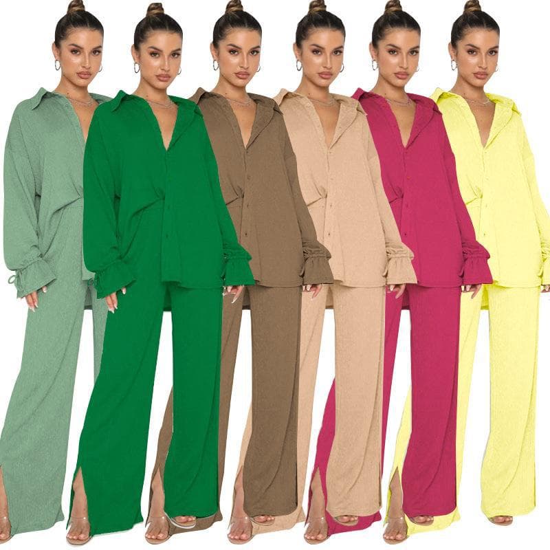 Women’s Clothing Spring, autumn and winter new solid color lapel single breasted long sleeved tie up top women's fashion trousers suit