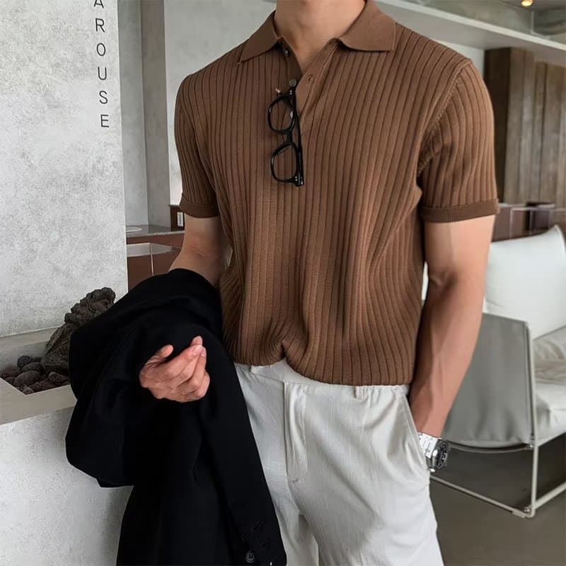 Men's Business Slim Fit Polo Sweater Summer Short Sleeve Lapel Knit Top