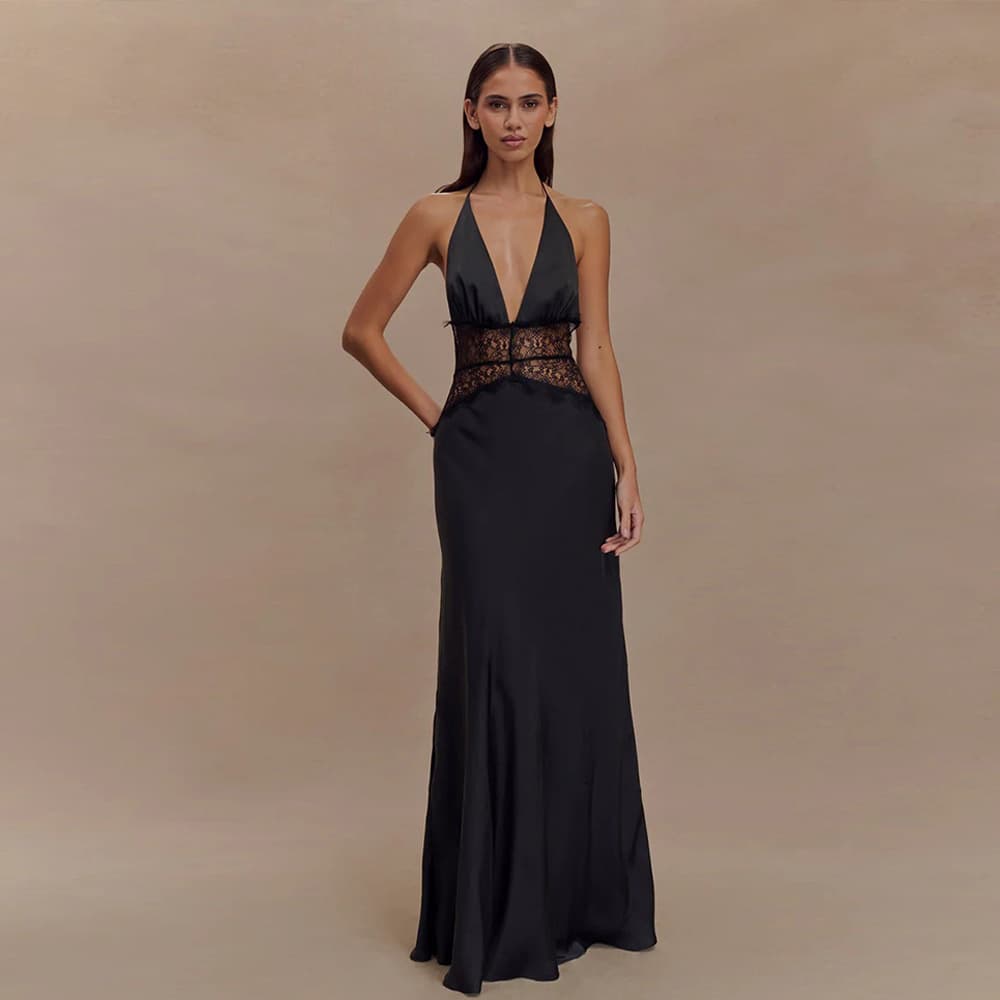 Women's Clothing Sexy Deep V Backless Lace Perspective Slim Hip Dress Female