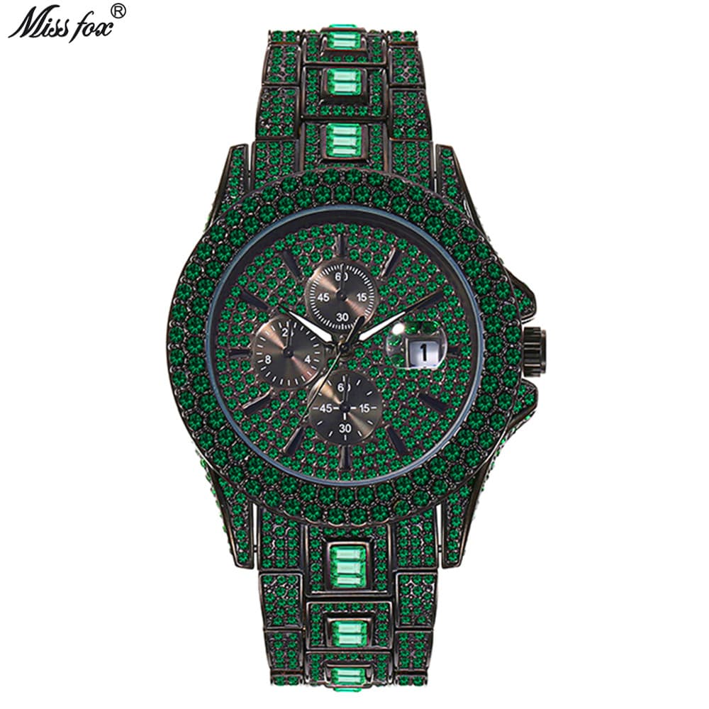 Men's Luxury Quartz Watch With Colorful Diamonds, Glow-in-the-Dark Feature, Stainless Steel Case & Mineral Glass