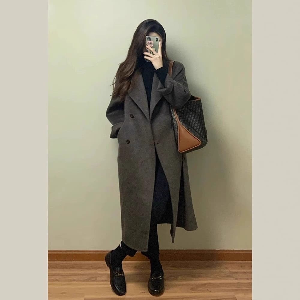 Women’s Longline Wool Coat – Oversized Korean-Style Trench Coat With Double-Breasted Buttons (Brown/Black, S-2XL, Fall/Winter Maillard Aesthetic)