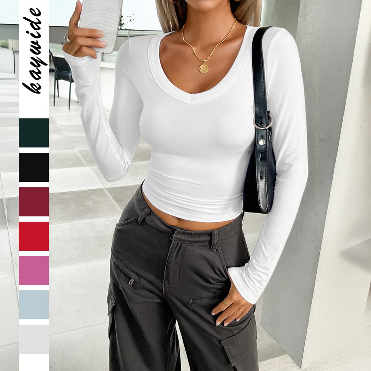 Y2k Stretch Knit Long Sleeve Top For Women - U Neck Layering Tee In 12 Trendy Colors - Soft Viscose Blend Fabric, Comfort Fit S/M/L/Xl​​
