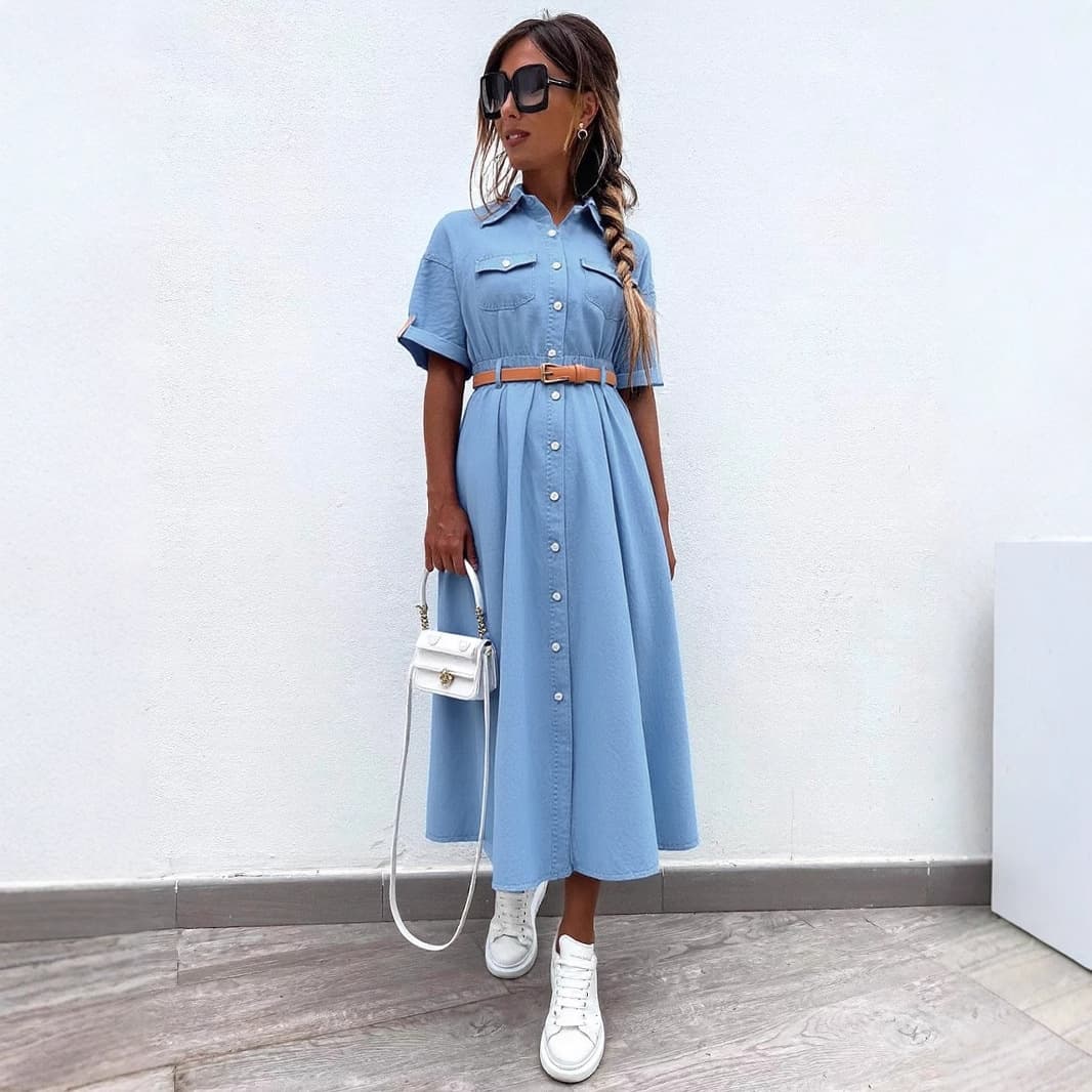 Women's Clothing New Mid Length Shirt Denim Dress A Line