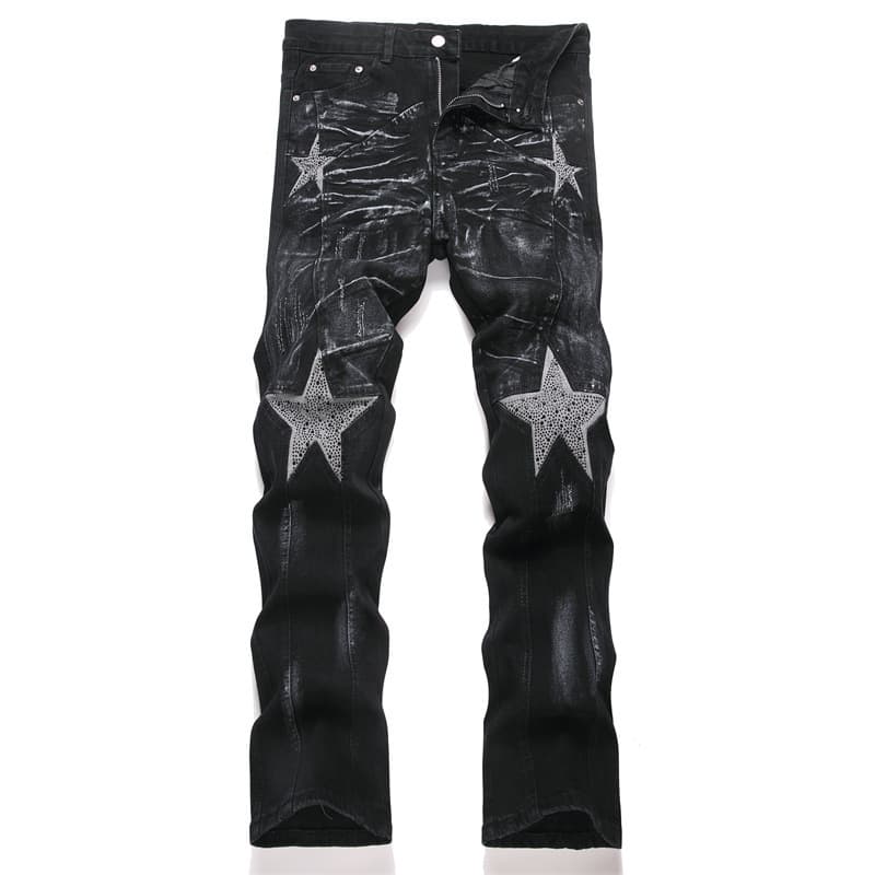 ​​Men's Slim Fit Stretch Black Fashion Straight Denim Jeans With Micro Flare & Patchwork Design​ Punk