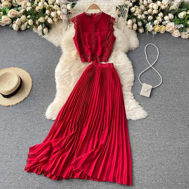 Women's fashion high-waisted lean pressed chiffon skirt two-piece set