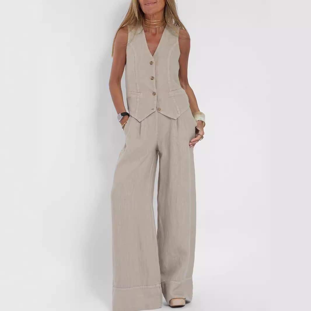 Women's Clothing new fashion vest trousers collage stitching cotton and linen casual suit