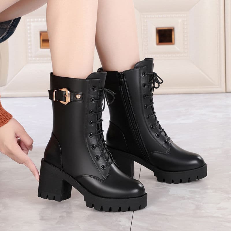 New chunky high-heeled winter shoes with mid-calf and fleece ankle boots