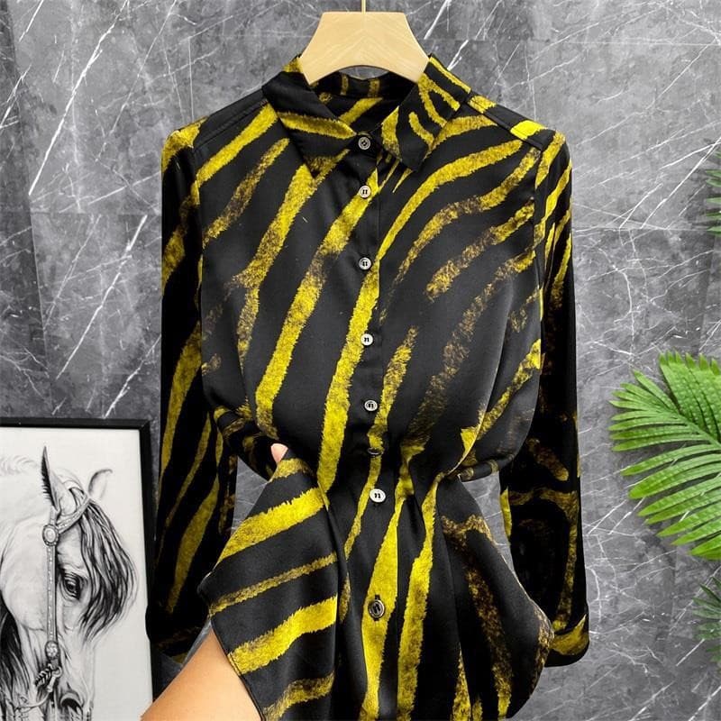 Women's Clothing Gilded segment dyeing! Satin leopard print irregular stripes silk long sleeved shirt silk top