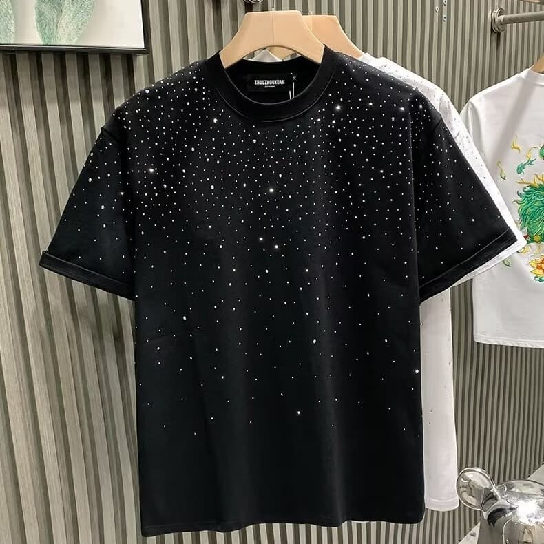 Men's Fashion Luxury T-Shirt With Star Rhinestone Design - Breathable Cotton Crew Neck Short Sleeve Tee For Casual & Streetwear (White/Black, S-5XL)