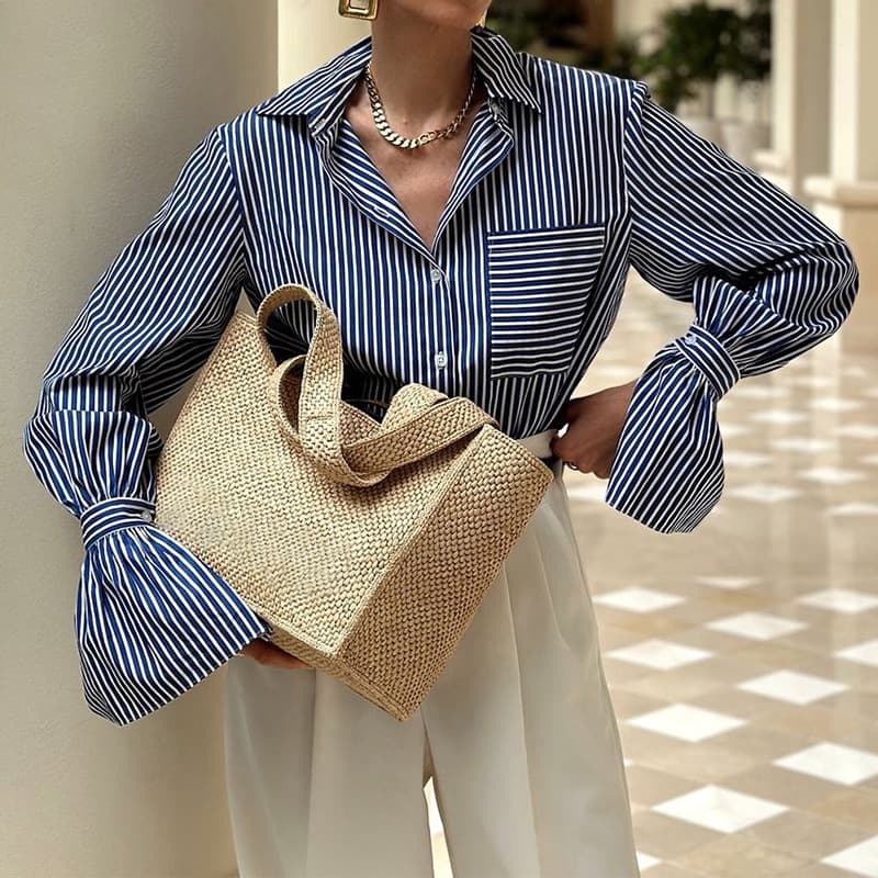 Women's Clothing Fashion Temperament Striped Print Lapel Shirt