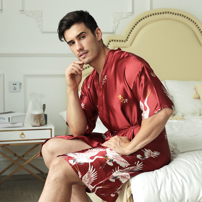 Men's Sleep Mid-length printed silk robe men's morning gown sexy pajamas