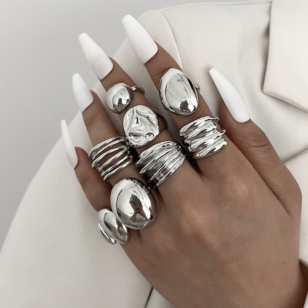 Unique Geometric Open-End Rings Set For Women – 8-Piece Fashion Statement Jewelry Collection, Trendy And Stylish Accessories For Everyday Wear​