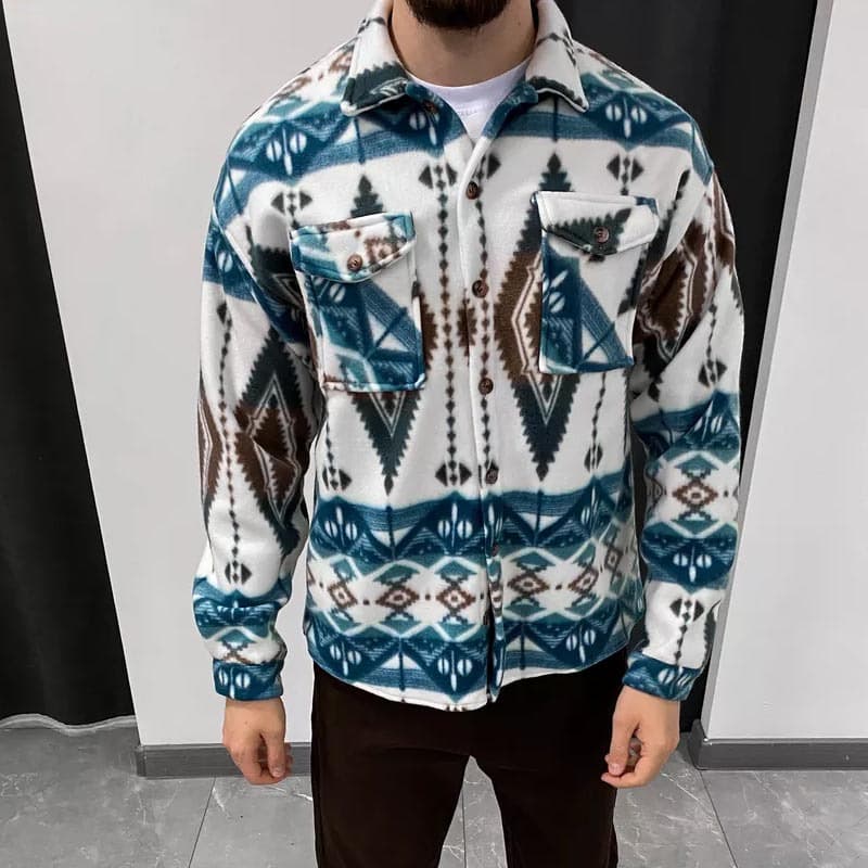 2024 loose autumn and winter men's with ethnic style printed pattern lapel jacket