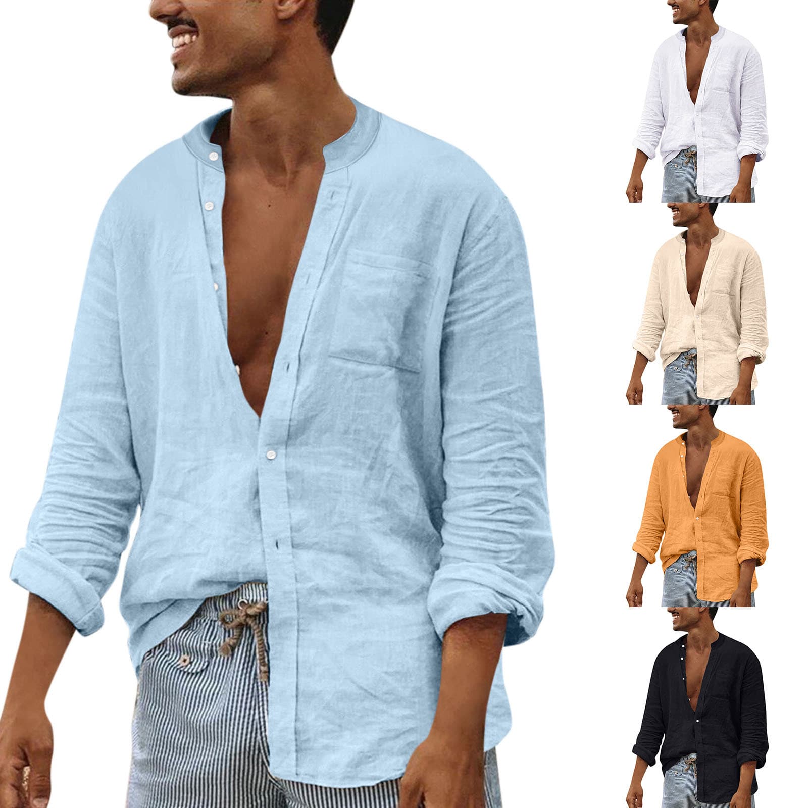 Men's Solid Color Linen Stand Collar Cardigan Long Sleeve Loose Men's Shirt