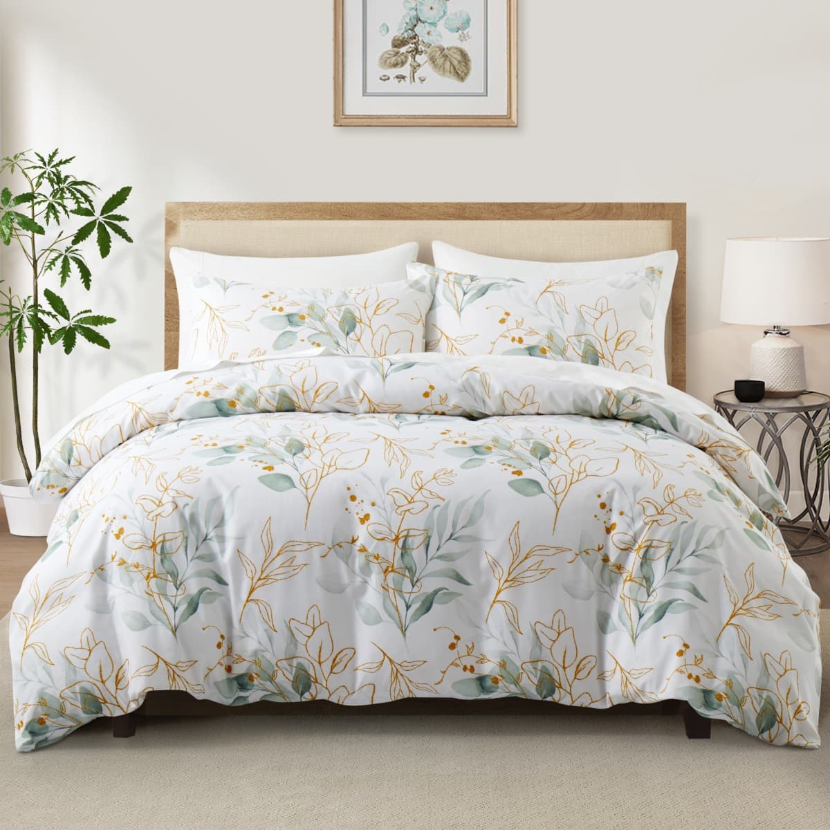 Soft Fiber Gold Edged Floral Quilt Cover Plant Garden Three Piece Bedding Set