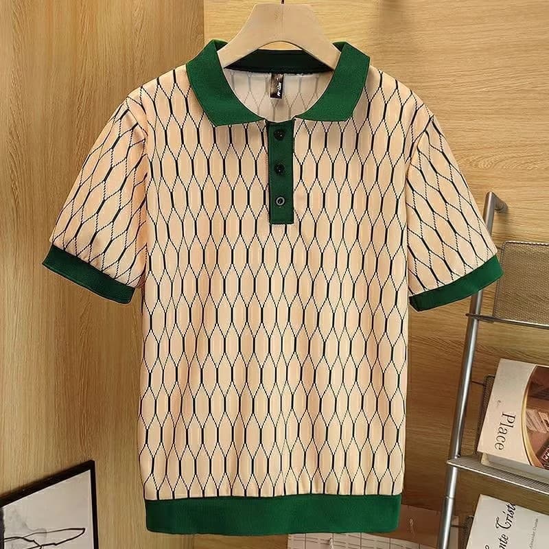 Men's Clothing Store 268! Contrast color plaid high end knitted short sleeved T shirt men's summer style fashion youth versatile tops