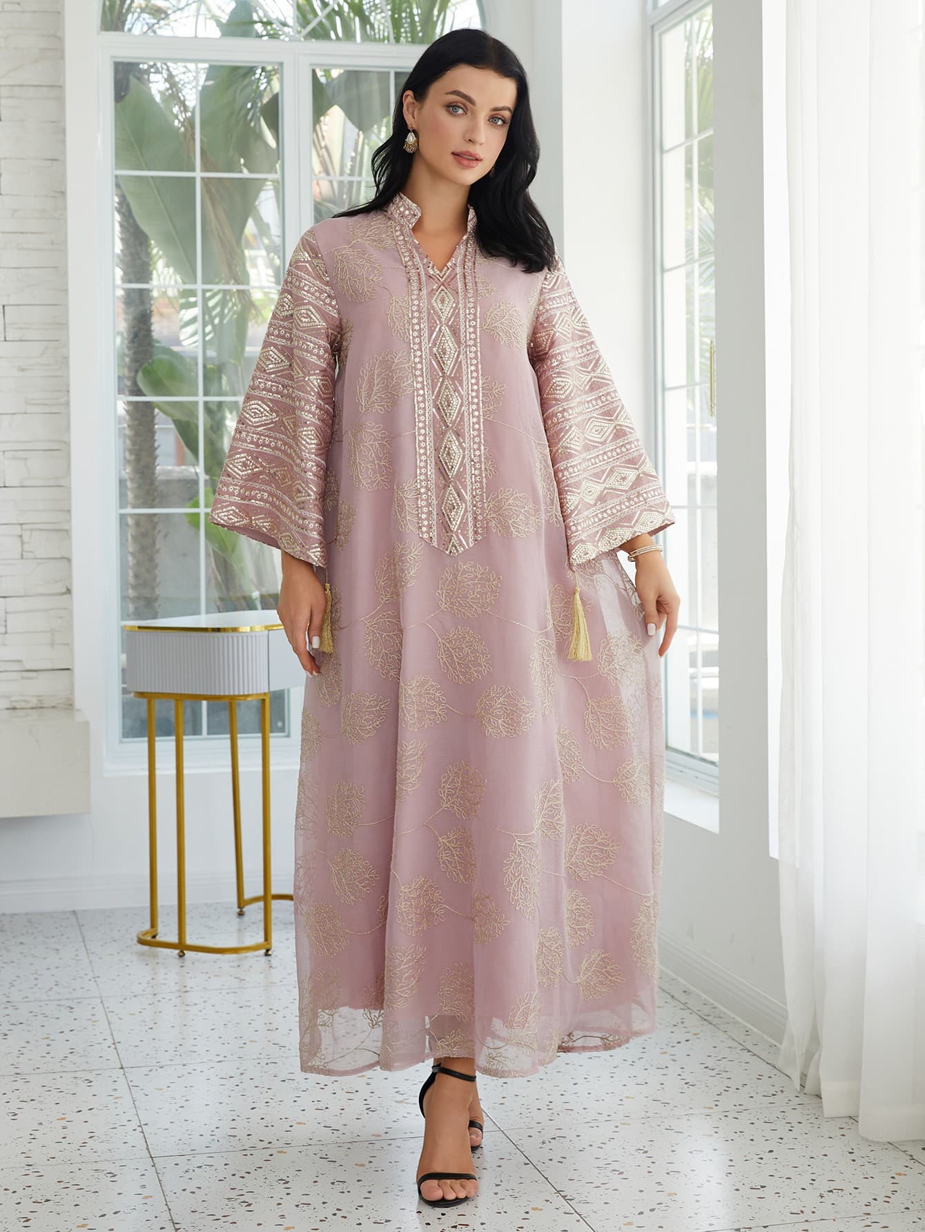 Elegant Muslim Abaya Dress With Embroidered Lace And Sequins - Long Sleeve Flared Gown For Women