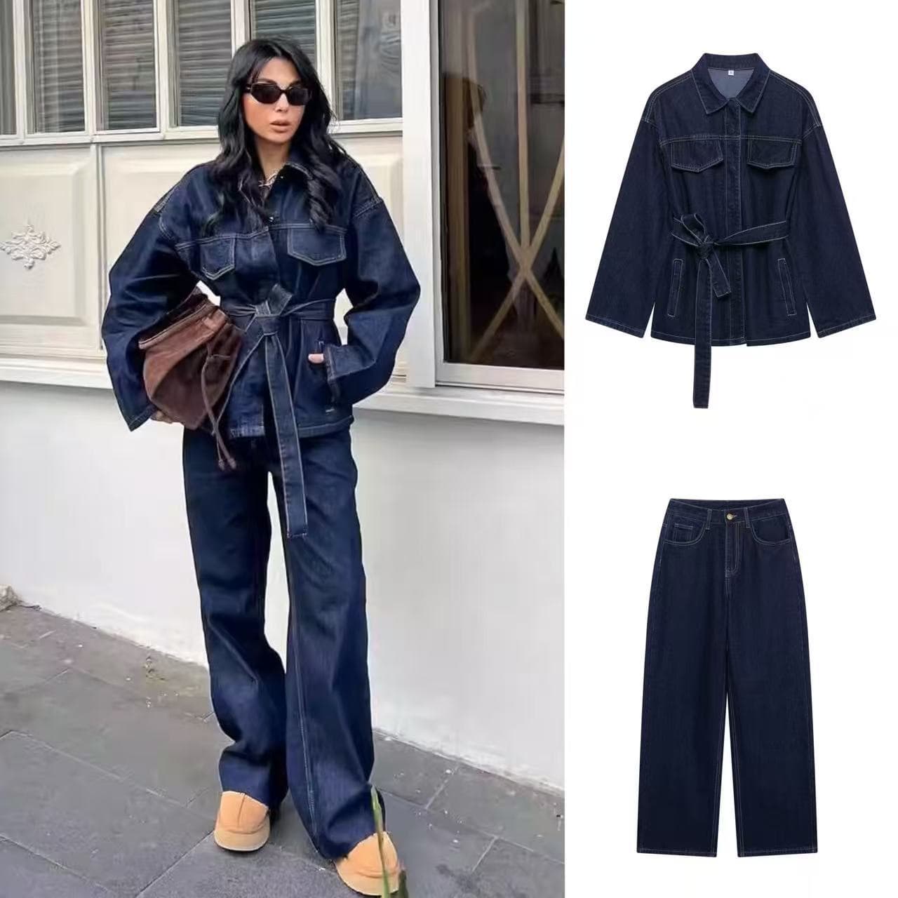 Women's Clothing Retro Denim Suit For Women With Waist Tie And Lapel European And American Style Long Sleeve For Formal & Casual