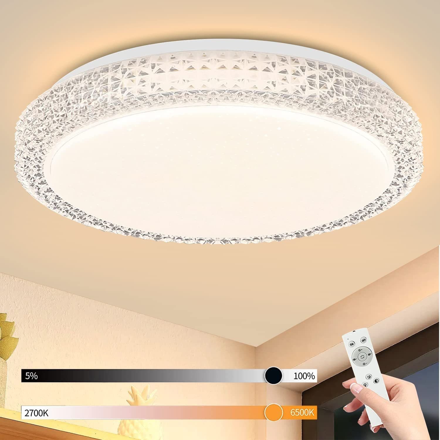 Glitzerlife LED Deckenleuchte Rund Deckenlampe - 18W Schlafzimmerlampe Dimmbar Mit Fernbedienung Ø30cm Kristall Modern Sternenhimmel Deckenbeleuchtung Für Küche
