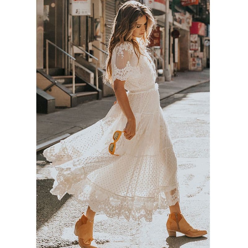 Women's V-neck Sexy Short-sleeved Lace Dress