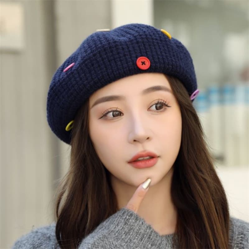 New Arrivals Women's knitted fashion button warm temperament wild hat Korean style sweet beret tide