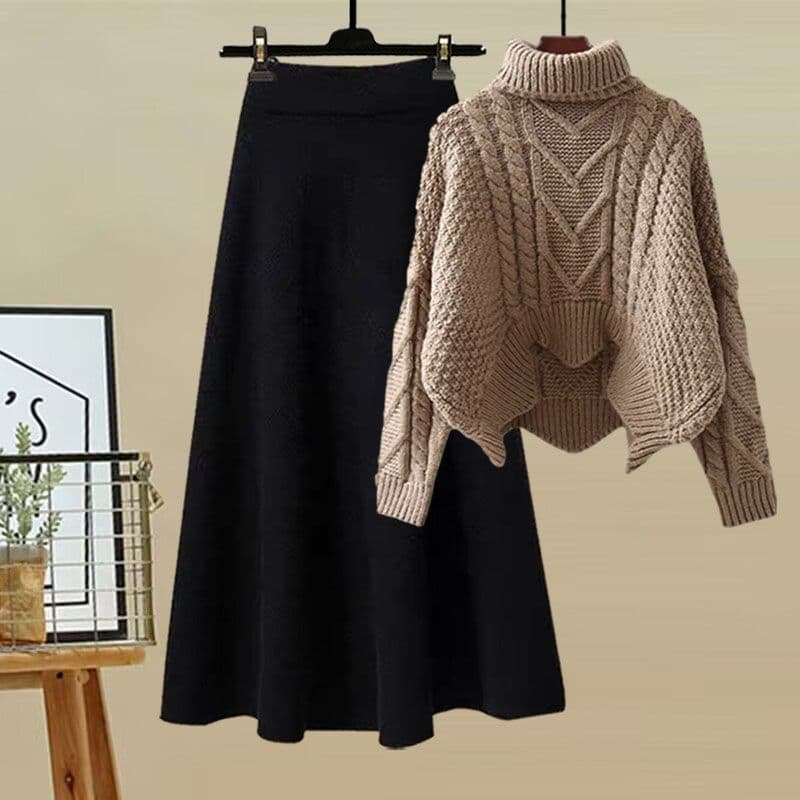 Ensemble deux pièces pour femme : pull à col roulé en maille et jupe amincissante. Collection automne-hiver.