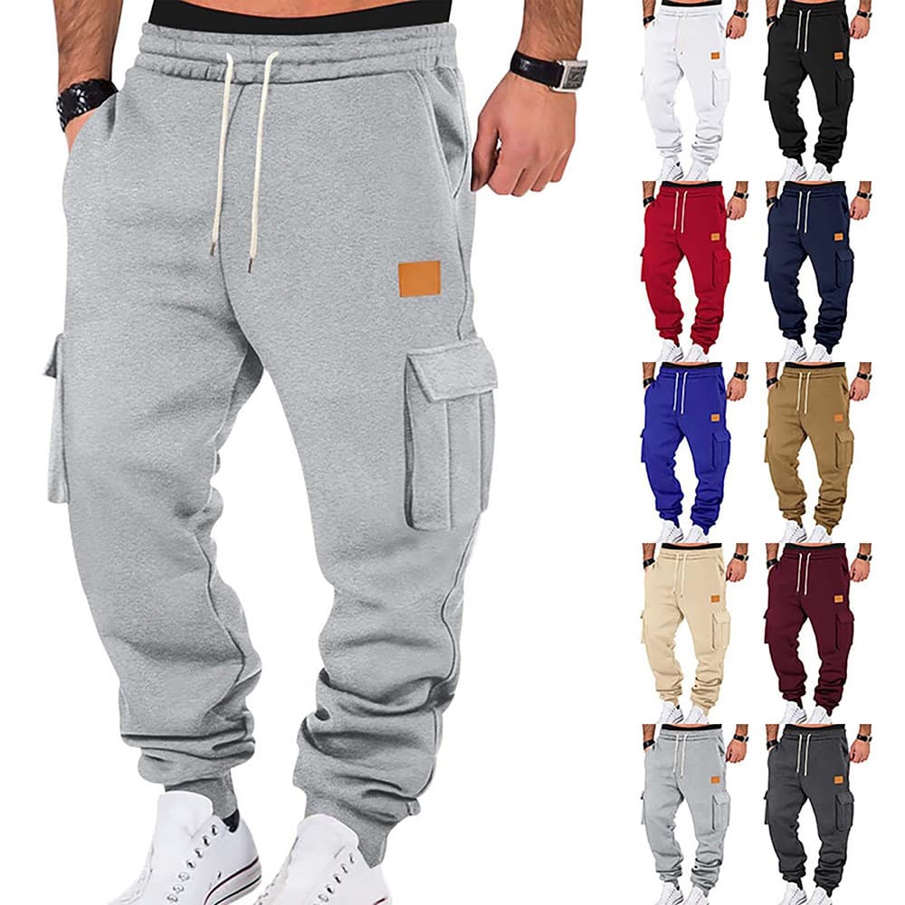 Urban Style Cargo Pants For Men With Leather Logo Patch, Multi-Pocket Design & Drawstring Waist - Comfortable & Trendy Casual Trousers