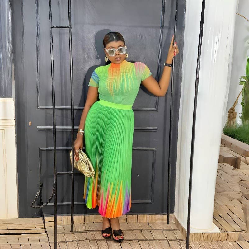 Women's Clothing rainbow print short sleeved loose skirt women's two piece suit