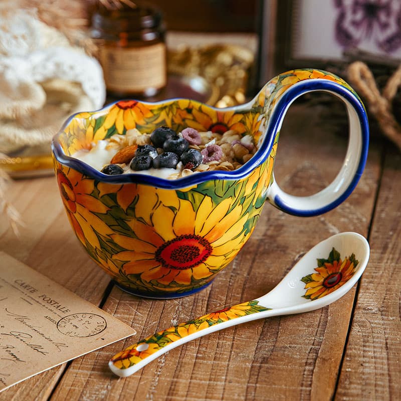 Sunflower-Themed Enamel Coffee Mug & Spoon Set - Vintage European-Style Tableware - 2-Piece Floral Cup Set - Handcrafted Ceramic-Like Finish