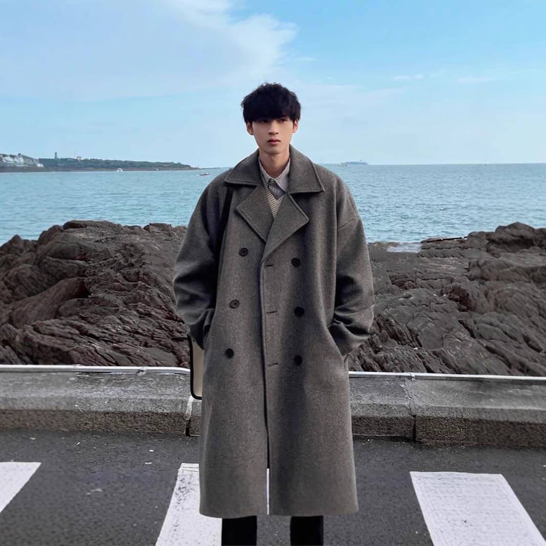 Men's Winter Men's Mid To Long Version Over The Knee Thick Woolen Coat Trendy Korean Windbreaker