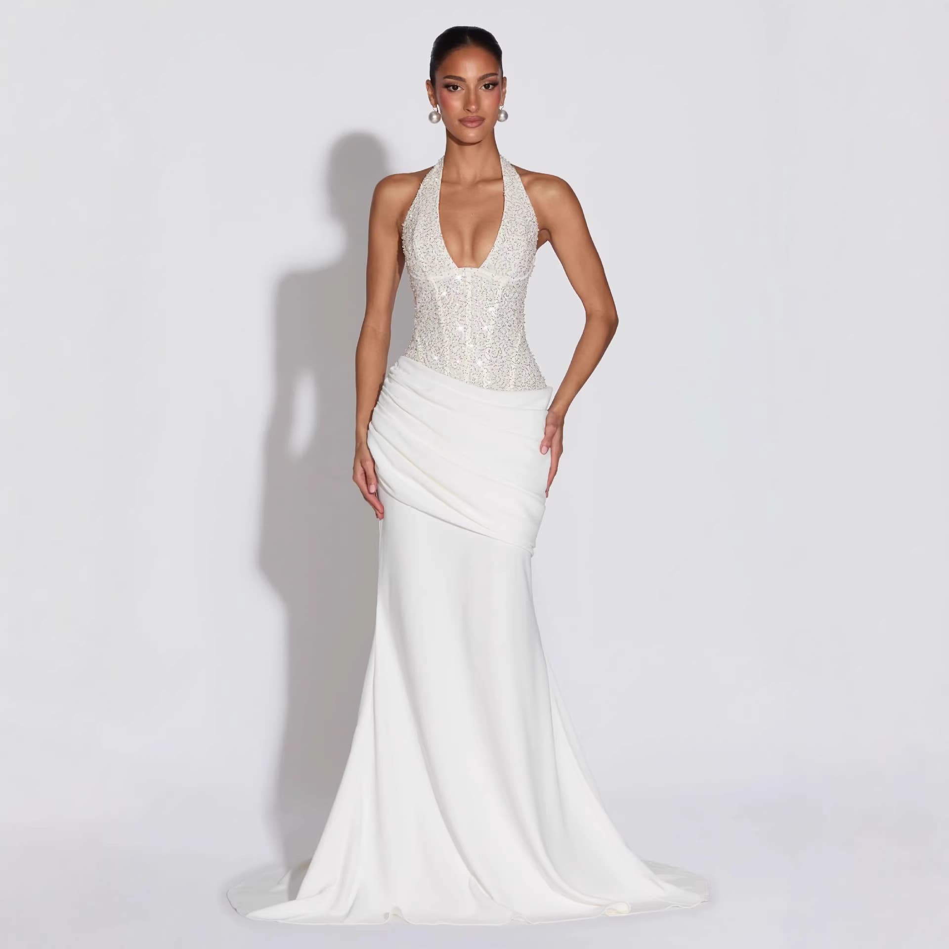 Patchwork Halter Neck Long Evening Dress European American Style Sparkly Sexy Hot Girl Party Dress Foreign Trade Wholesale